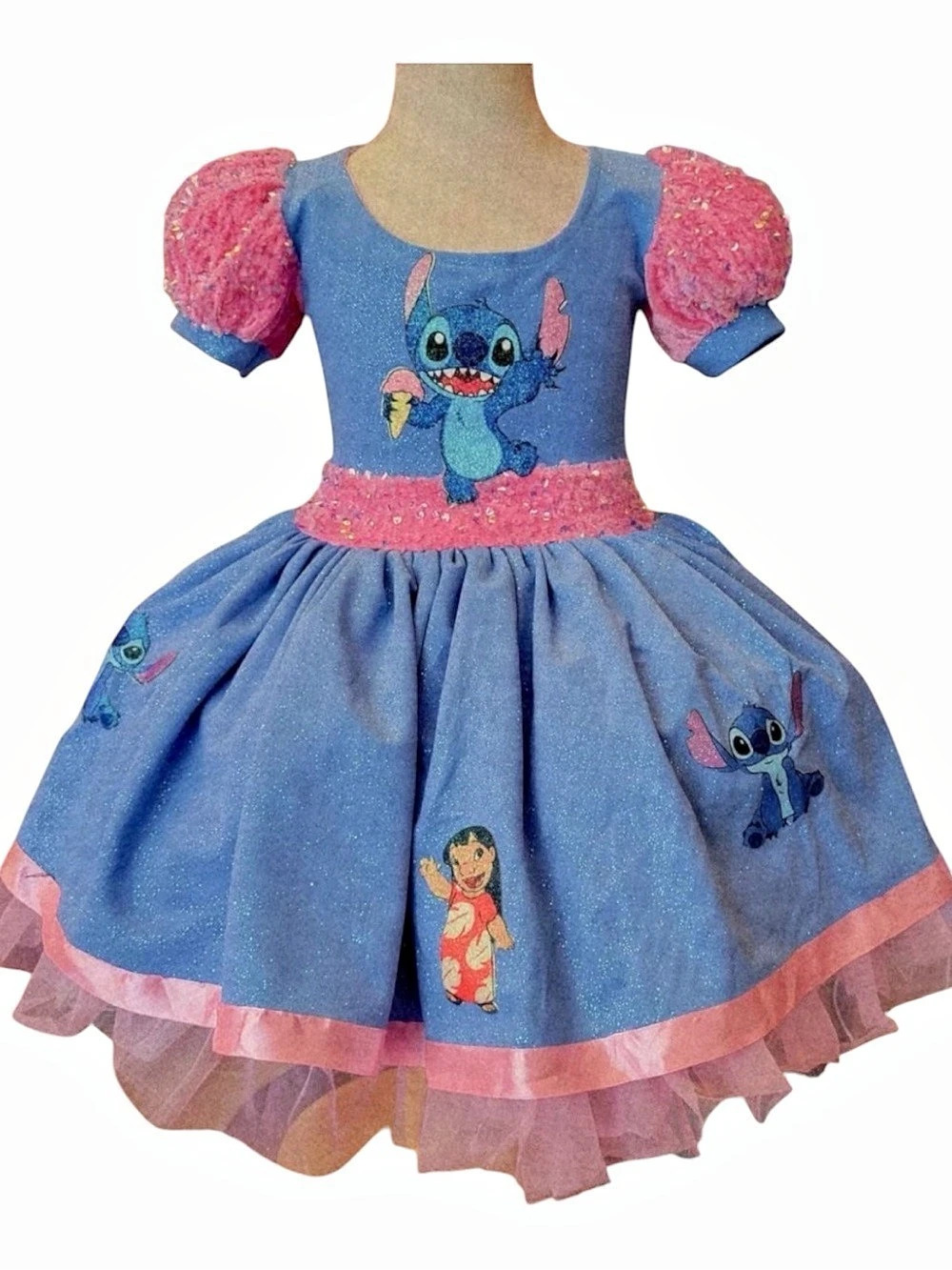 Stitch Lilo Disney Dress Birthday Party Halloween Glittery Sequin Blue size 4-6